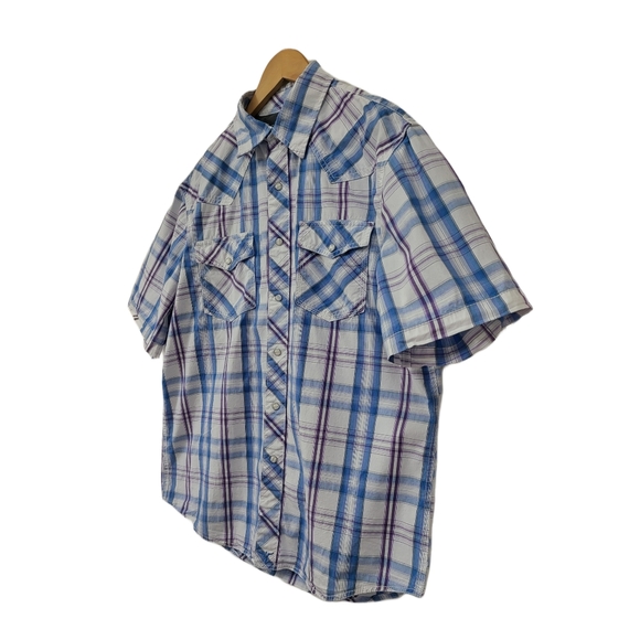 🌿Wrangler 20X Competition Mens Lavender/Blue/White Plaid Pearl Snap Shirt - Picture 3 of 9